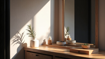 Sunlit home interior with minimalist decor and lush greenery, photography of interior design concept.