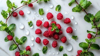 Overhead shot of fresh raspberries and mint sprigs arranged on a marble surface with water...