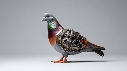 Obraz premium Intricate Metalwork Adorns a Majestic Pigeon: Close-Up Photo Illustration. AI Generated