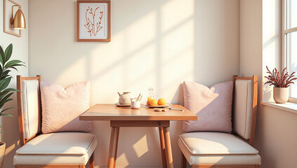 Cozy and inviting breakfast nook with sunlight and fresh fruits on a wooden table, photorealistic of interior scene concept.
