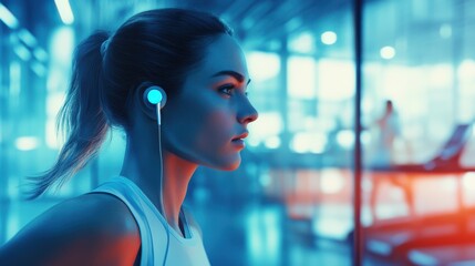 Running, exercise and woman on treadmill in gym listening to music, audio and radio for cardio workout. Sports, wellness and person with earphones for fitness, Generative Ai