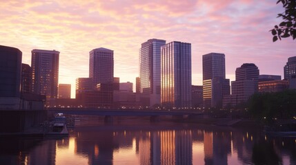 Fototapeta premium Cityscape at sunrise, reflecting on calm water with bridges and buildings.