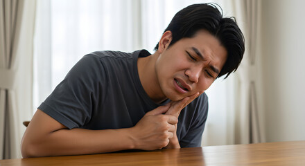 A young man grimaces in pain, holding his jaw, indicating a dental issue.