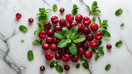 Fresh cherries and mint leaves