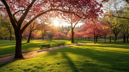 Fototapeta premium Sunlit park path with blooming trees, benches, and cityscape in background.