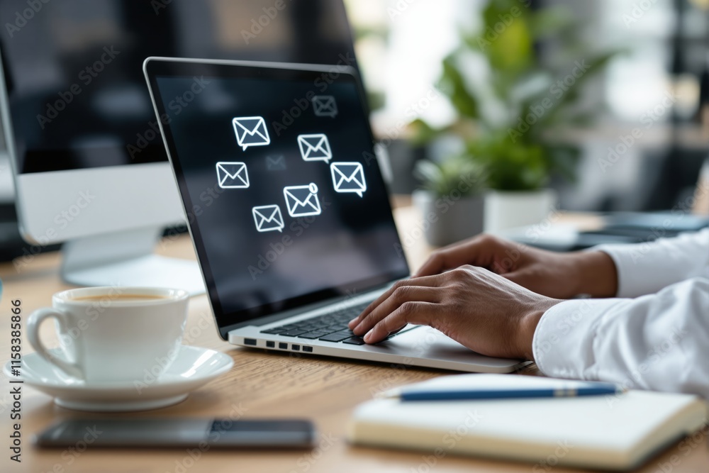 Poster hands typing on a laptop with email icons on the screen, set on a wooden desk with office items and 