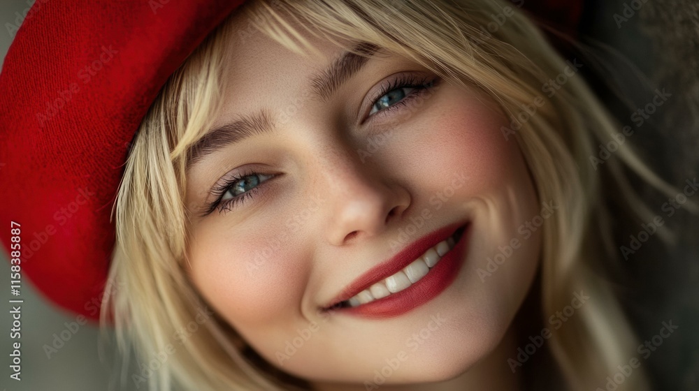 Wall mural A smiling woman wearing a red hat. AI.