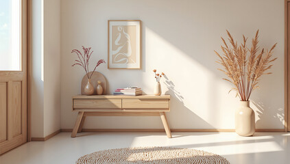 Natural light and minimalist design enhance a cozy living space with earthy tones and simple decor, photorealistic of interior design concept.