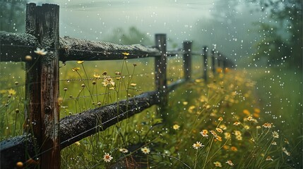 A rustic countryside fence with raindrops delicately clinging to the wire, the tranquil beauty of a rainy day. The background features greenery and wildflowers.