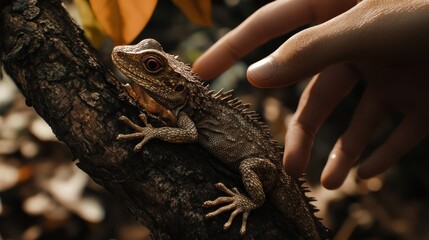 Obraz premium Close-up of a hand gently touching a lizard on a tree branch.