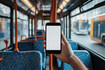 Person holding smartphone with blank screen on a bus. Perfect for app demos, mobile usage, or public transport themes.