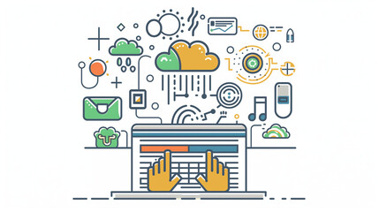 Weather icon with hands typing on a laptop with cloud environment change technology icons floating above, indicating the use and management of AI in data visualization design for web development. 