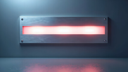 Contemporary metal panel with soft light emitting from a striking red rectangular cutout, 3d rendering of minimalism concept.