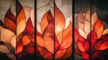Abstract fire flame leaf stained glass artwork.