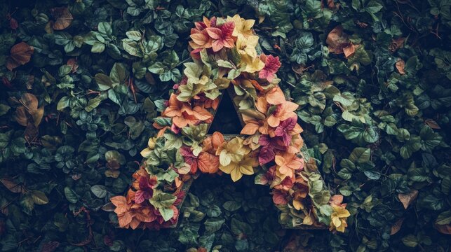 Letter A formed with autumn leaves on a green wall.
