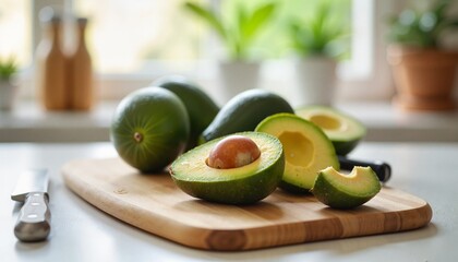 Fresh ripe green avocado halves and whole fruit on a wooden table