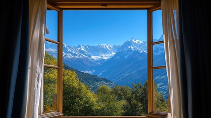 Majestic mountain view seen through a rustic window.