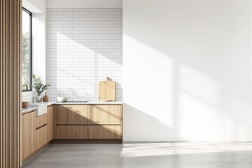 Minimalist kitchen with wooden cabinets, white tiled backsplash, counter decor, and blank wall space for design mockup on a bright background. Ai generative
