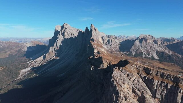 Imposing Seceda ridgeline with famous Fermeda Towers, South Tyrol. Aerial