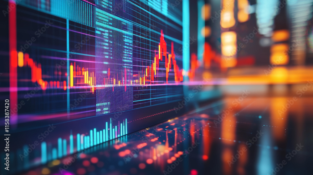 Poster ai chip and stock market candlesticks in low poly wireframe tech blue. stock market and artificial i