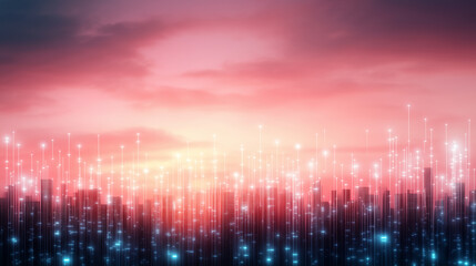 Cloud computing concept, a vibrant cloud network with interconnected data nodes and glowing circuits floating above a city skyline, symbolizing internet connectivity, space for text on the sides.