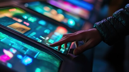 Close-up of hand interacting with a vibrant digital gaming machine interface.
