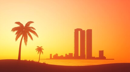 Silhouetted Cityscape at Sunset: A Vibrant Digital Illustration. AI Generated