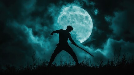 Silhouetted warrior with sword, poised against a large, teal moon and dramatic night sky.