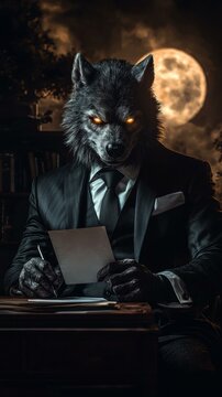 A wolf in a suit reviews documents. AI.