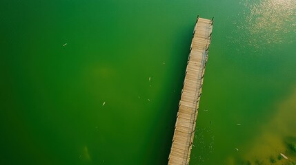 Aerial view of a wooden dock extending into a vibrant green lake.