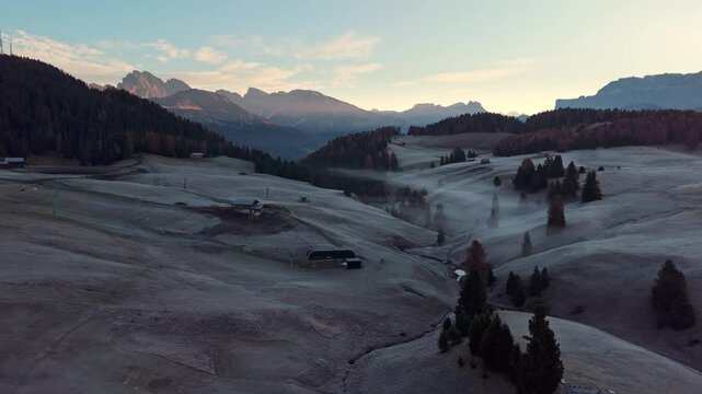 Early morning aerial view before sunrise over Seiser Alm alpine meadow, Italy