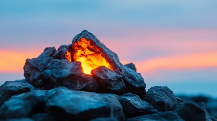 Glowing Embers Mysteriously Illuminate Coastal Rocks at Sunset: Close-Up Photo. AI Generated