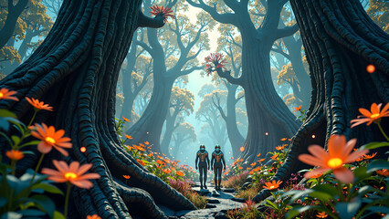 Obraz premium Journey through a mystical forest filled with vivid flowers and towering trees, digital art of fantasy landscape concept.