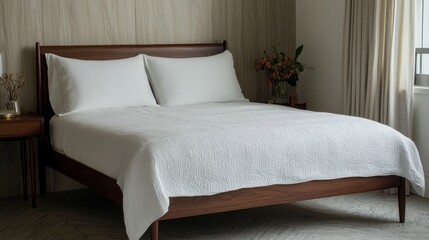 Cozy bedroom featuring a neatly made bed and natural decor.