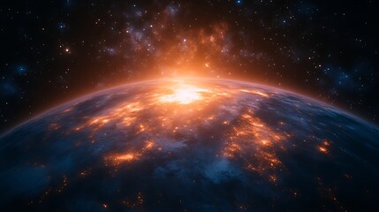 Fiery sunrise over Earth from space.