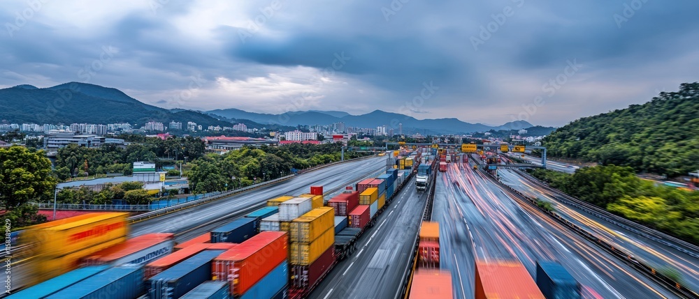 Poster highway with container trucks and blurred light trails.