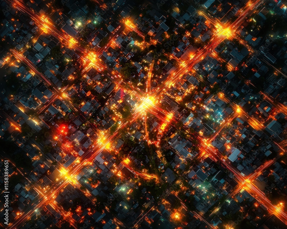Poster aerial night view of city streets illuminated with bright lights, creating a geometric pattern.