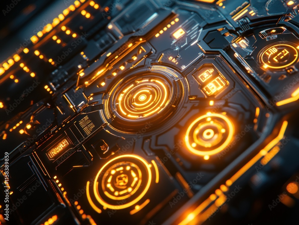 Poster Futuristic orange and black technology panel with glowing circuits and buttons.