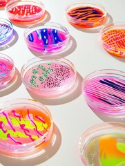 Colorful  dishes with various bacterial cultures. AI.