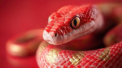 Fototapeta premium Close-Up of a Vibrant Red Snake with Intricate Scales Against a Bold Red Background, Showcasing Natural Beauty and Unique Coloration