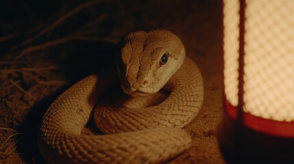 Fototapeta premium Close-Up of a Serene Desert Snake Coiled Under Soft Warm Light from Lantern, Highlighting Intricate Scales and Captivating Eyes at Night in Its Natural Habitat