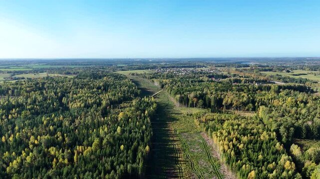 Construction of the Rail Baltica transport infrastructure project railway cutting through a mixed forest in autumn, creating a noticeable scar across the landscape, aerial establishing shot