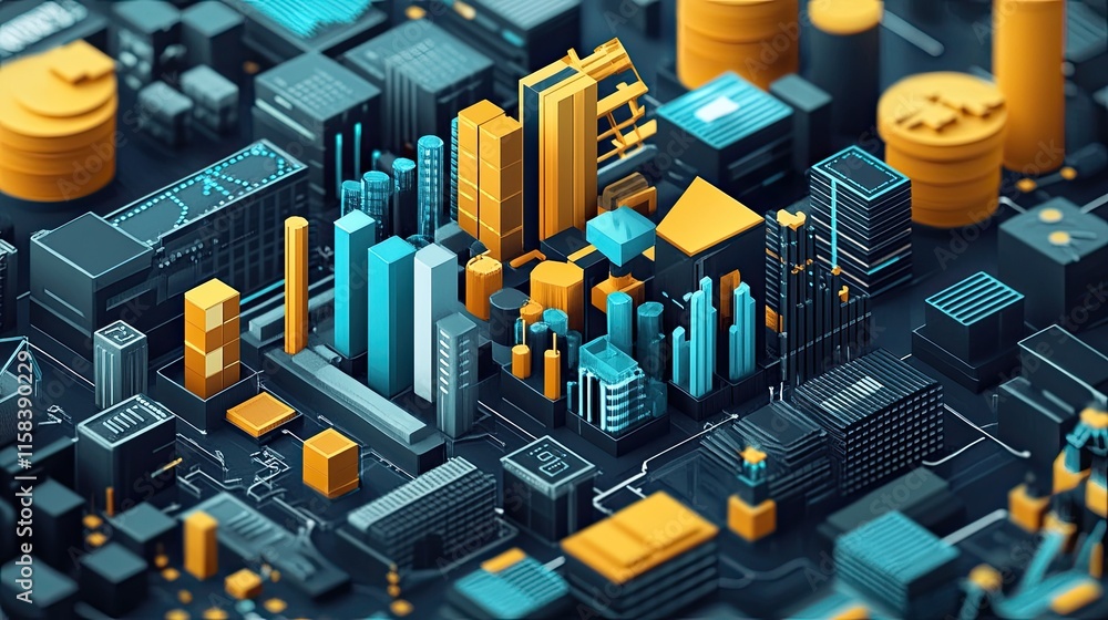Poster digital metropolis: a 3d isometric visualization of a futuristic cityscape built on circuitry