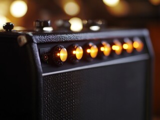 Close-up of a black guitar amplifier with illuminated knobs in a dimly lit setting.