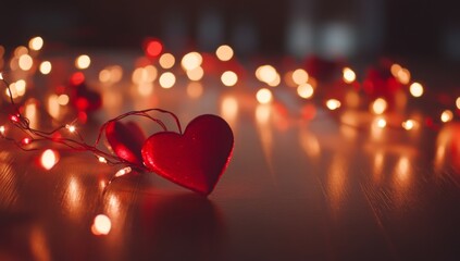 shiny background with small red hearts and lights on the table, banner for Valentine's Day celebration 