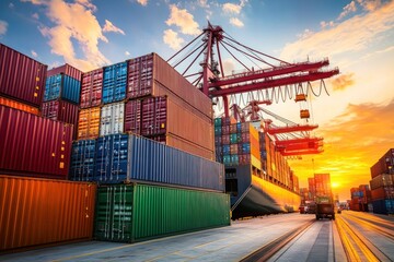 Colorful cargo containers at sunset on a busy port, with cranes and transport vehicles.