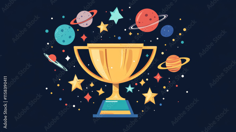 Poster abstract image of a champion cup in the form of a starry sky or space, consisting of points, lines, 