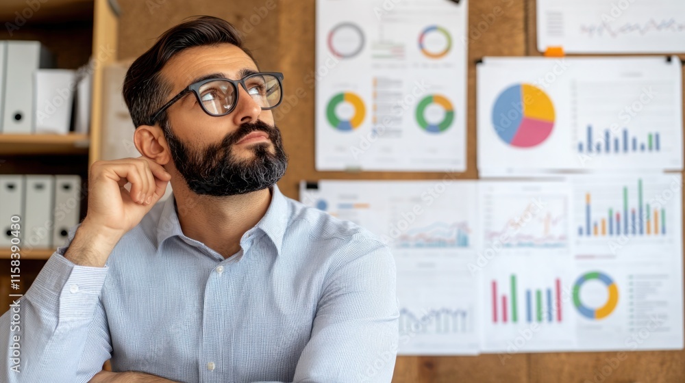 Poster thoughtful businessman analyzing data trends in modern office environment with graphs and charts hig