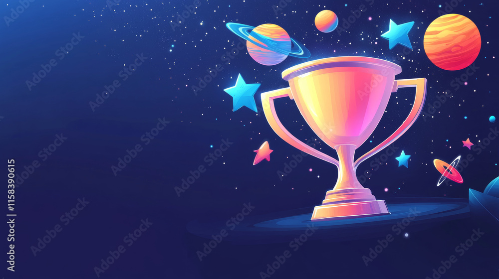 Poster abstract image of a champion cup in the form of a starry sky or space, consisting of points, lines, 