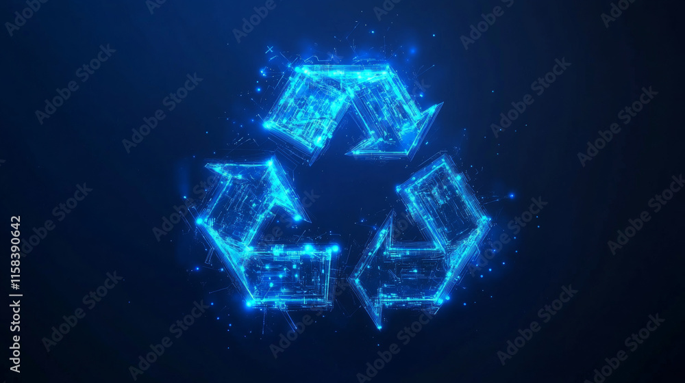 Poster ai chip and two recycle digital arrows. abstract digital ai processor in low poly wireframe with neo